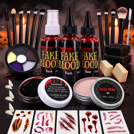 Halloween Schminkset – Complete Make-up Kit met Nepbloed, Littekenwas & Wondtattoos